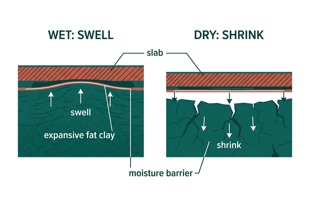 Diagram of expansive fat clay swelling wet and shrinking dry beneath a slab foundation