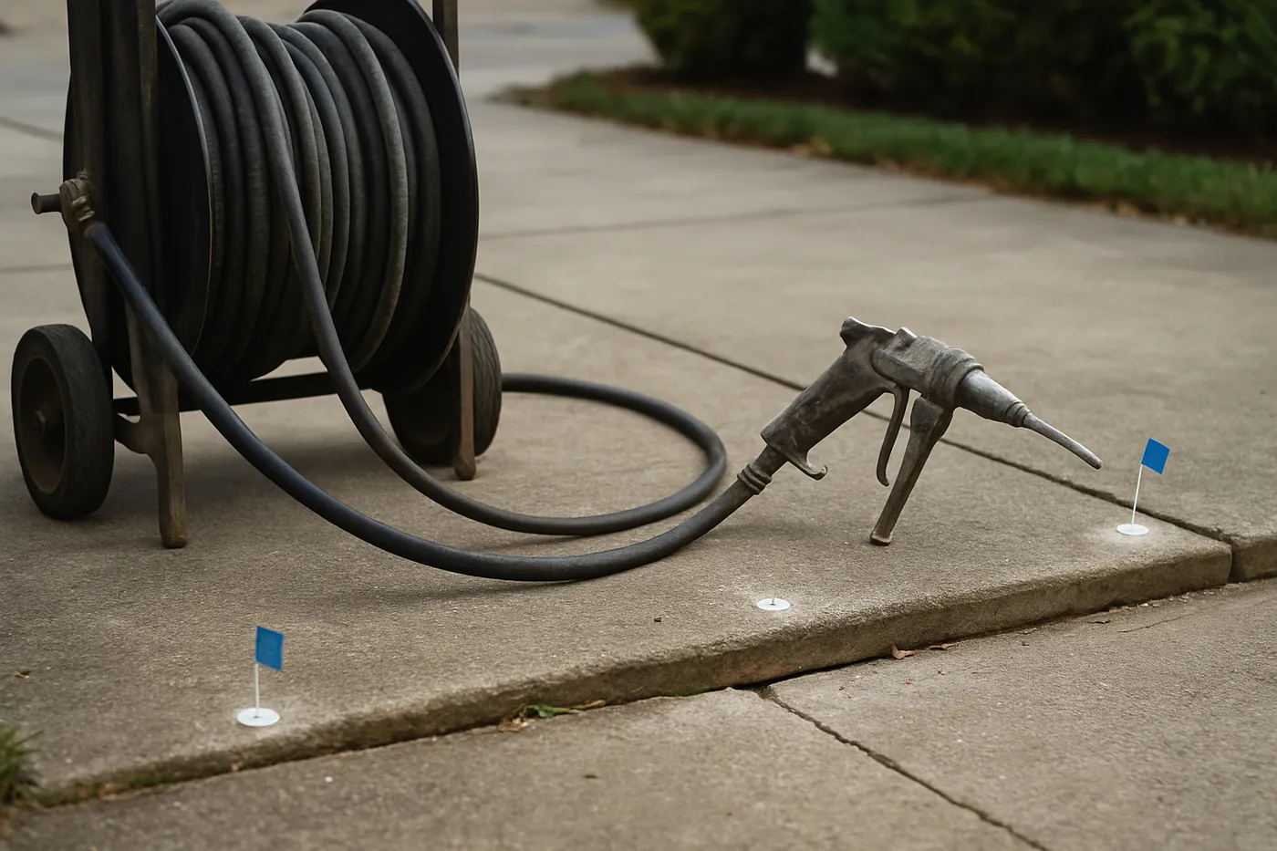Polyurethane slab-lifting rig with hose reel and injection gun on a sunken Wichita driveway